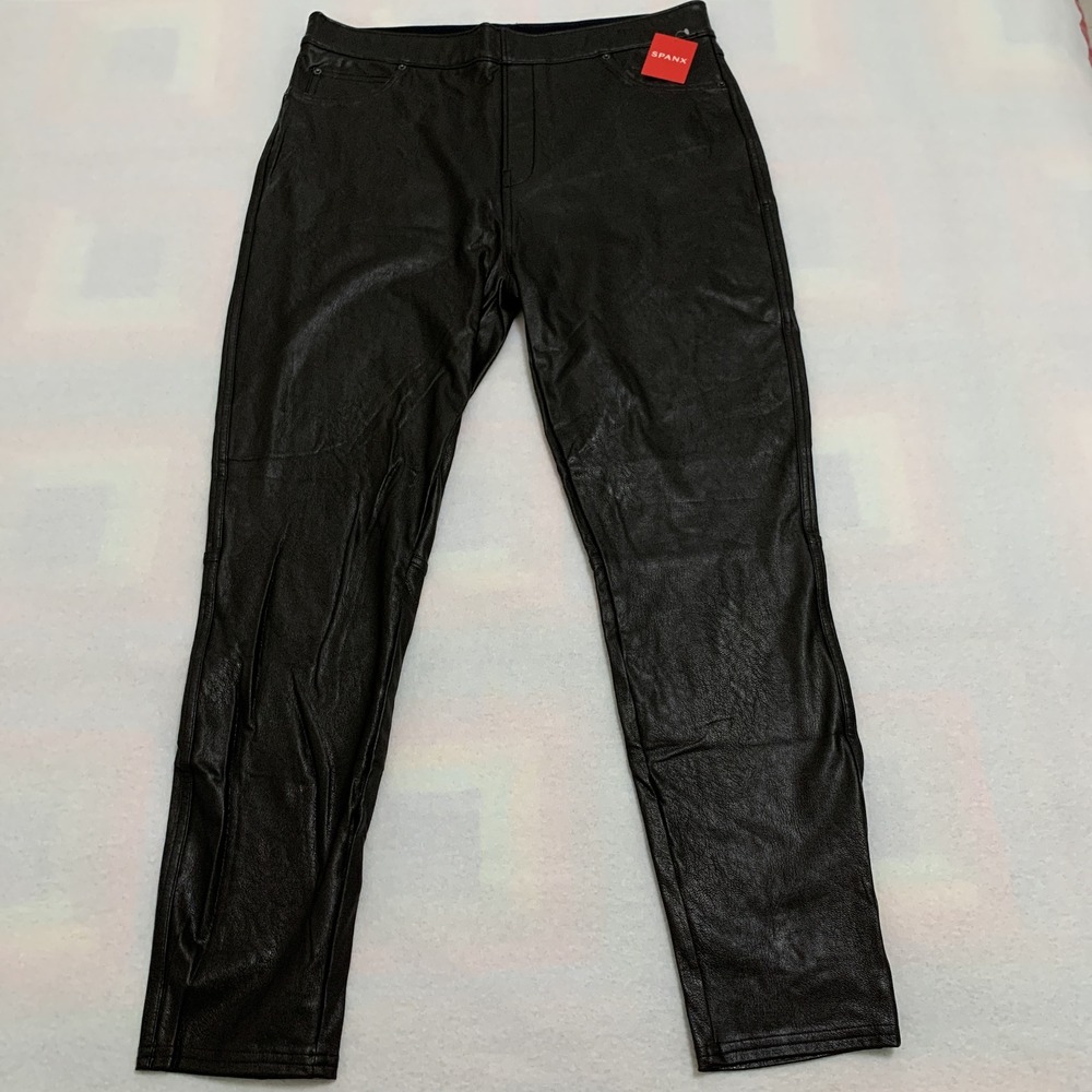New NWT Spanx Faux Leather Leggings Women XL Black Pull On Textured Skinny Pants